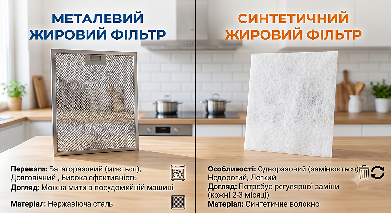 Металевий та синтетичний жировий фільтр для витяжки &mdash; порівняння